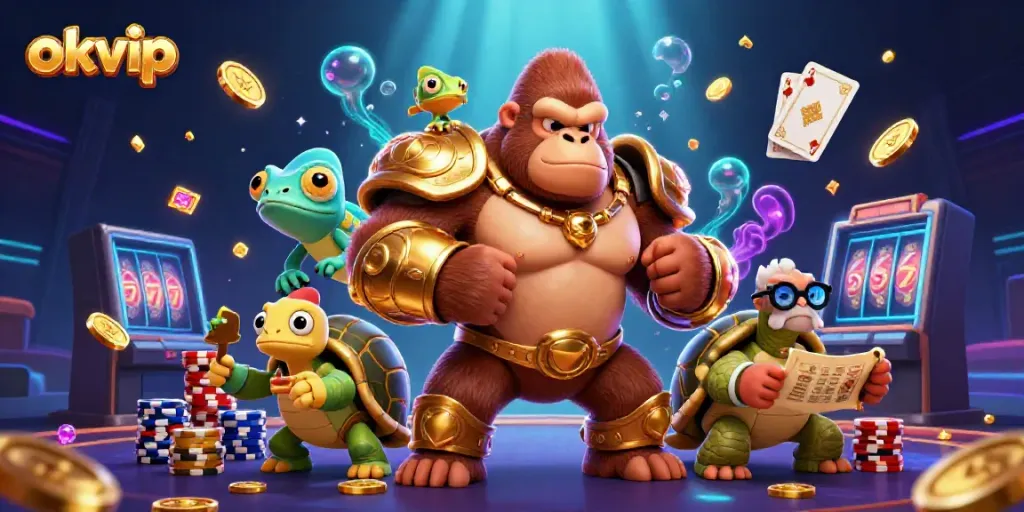 Play at okvip casino with striking 3D illustration of gaming characters and activities.