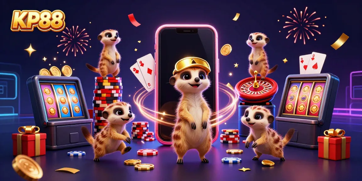KP88 casino action with meerkats running games, exciting spinning reels, and vibrant colors.