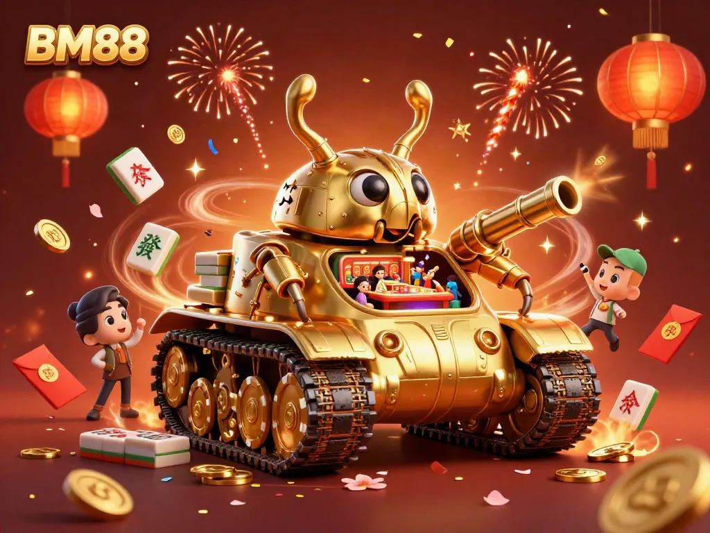 Engage with the immersive gaming world of BM88 inside a gold tank casino bursting with festive energy.