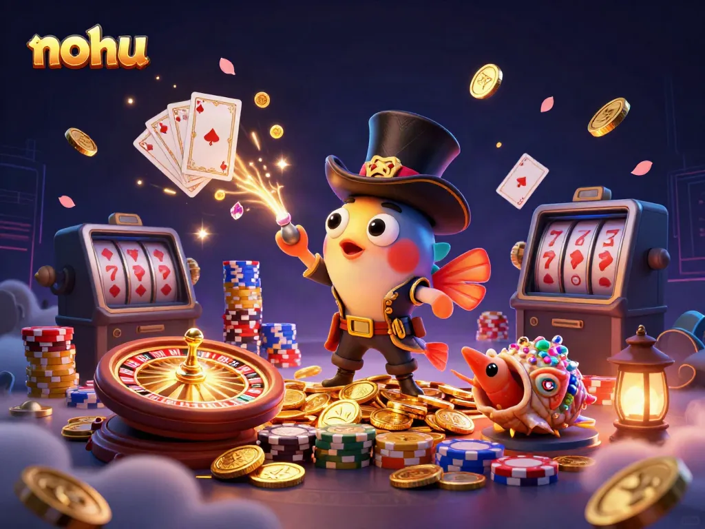Nohu attracts players with thrilling jackpot opportunities in a vibrant, 3D casino-themed illustration.