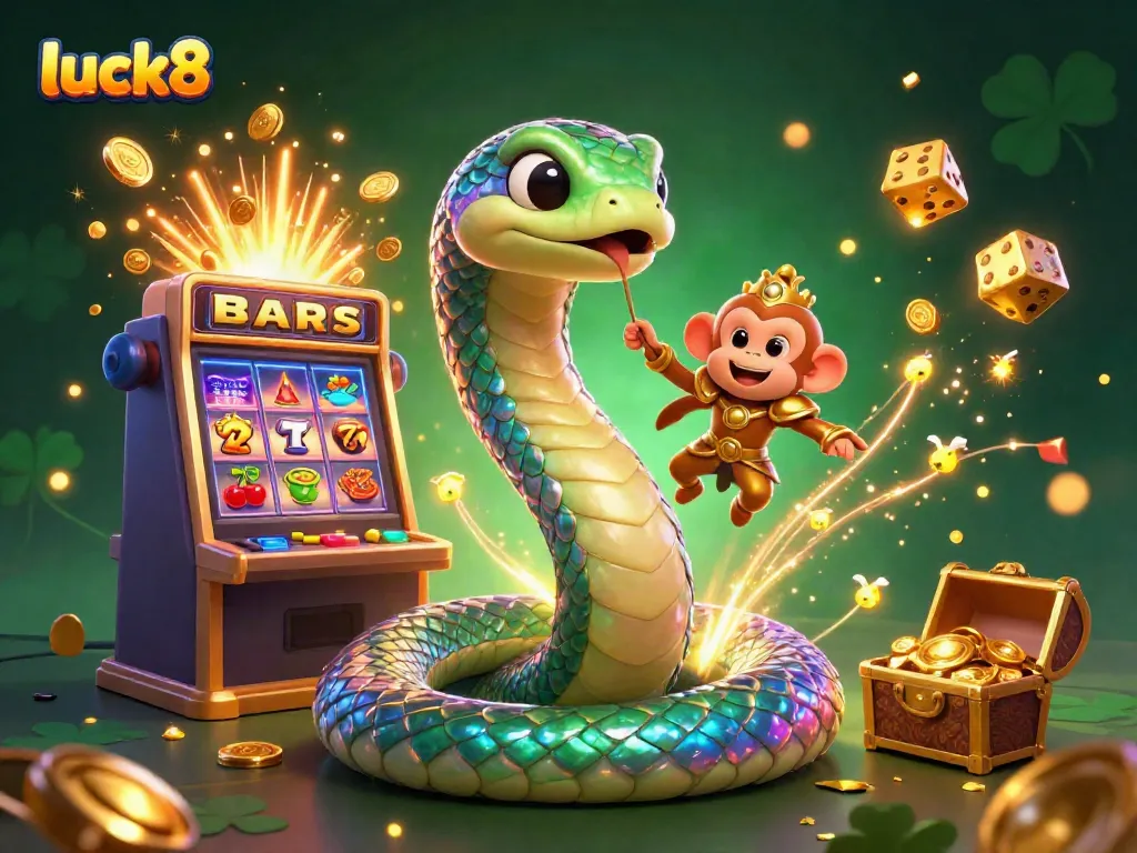 Immerse in luck8's vibrant casino world, featuring slots, coins, and charming characters.