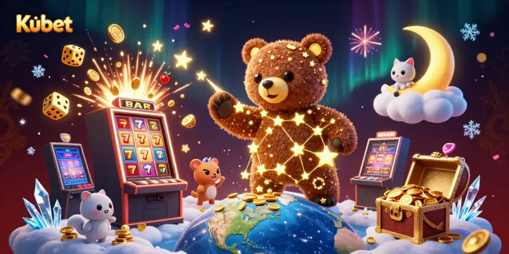 Kubet presents an enchanting 3D casino illustration showcasing a golden constellation bear and vibrant casino elements.