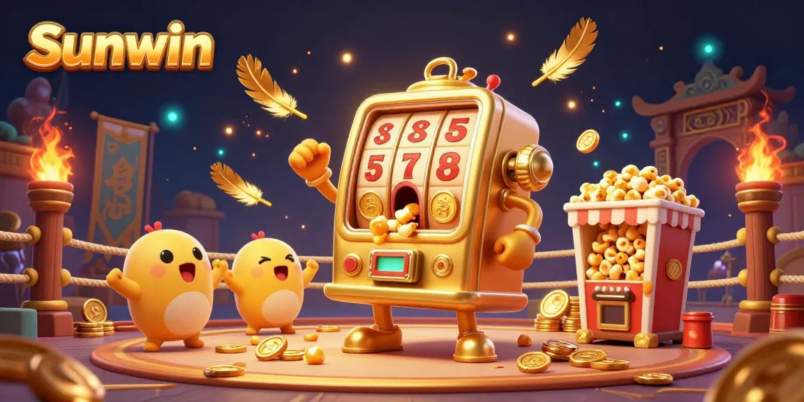 Experience the excitement of Sunwin as a golden slot machine hits a jackpot, showering coins in a vibrant casino setting.