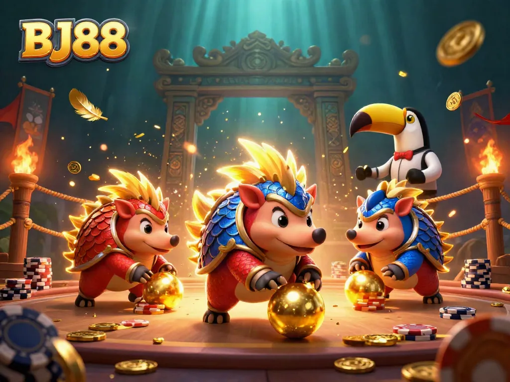 Bowl through winnings at BJ88 with spirited pangolins rolling into poker chips in a vibrant casino scene.