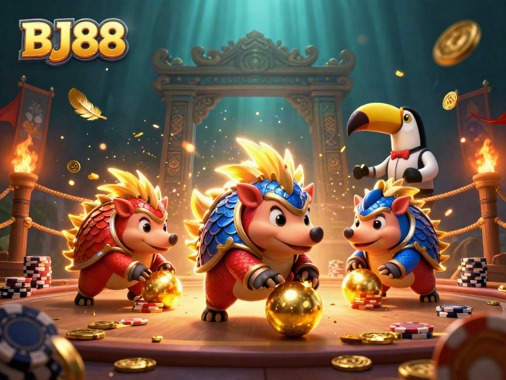 Bowl through winnings at BJ88 with spirited pangolins rolling into poker chips in a vibrant casino scene.