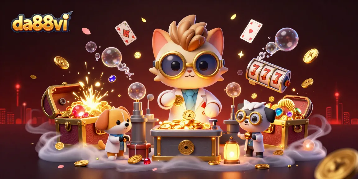 Play thrilling games with da88vi as a mad scientist cat creates coins in an energetic casino scene.