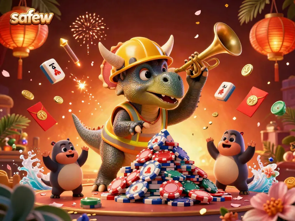 Engage in a vibrant casino scene with safew, featuring a triceratops and celebration elements.
