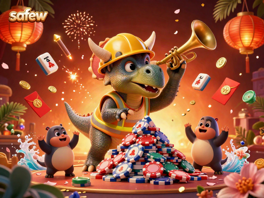 Engage in a vibrant casino scene with safew, featuring a triceratops and celebration elements.