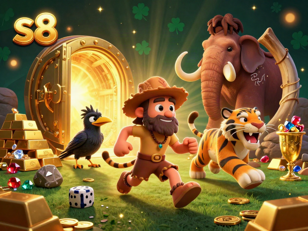 Experience the rich gaming environment at s8 with this captivating prehistoric casino scene, showcasing a caveman duo and treasures.