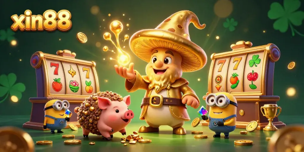 Experience the magic of xin88 with a golden mushroom wizard and treasure sniffer in a bustling casino scene.