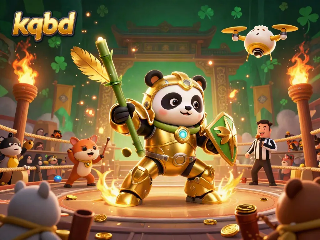 KQBD showcases an engaging sports betting scene with a golden panda and colorful betting elements in a dynamic arena.