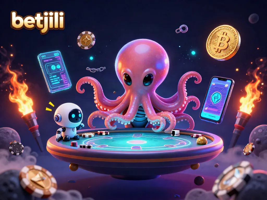 Experience thrilling gameplay at betjili with a dynamic cosmic casino scene featuring an alien octopus and vibrant crypto elements.