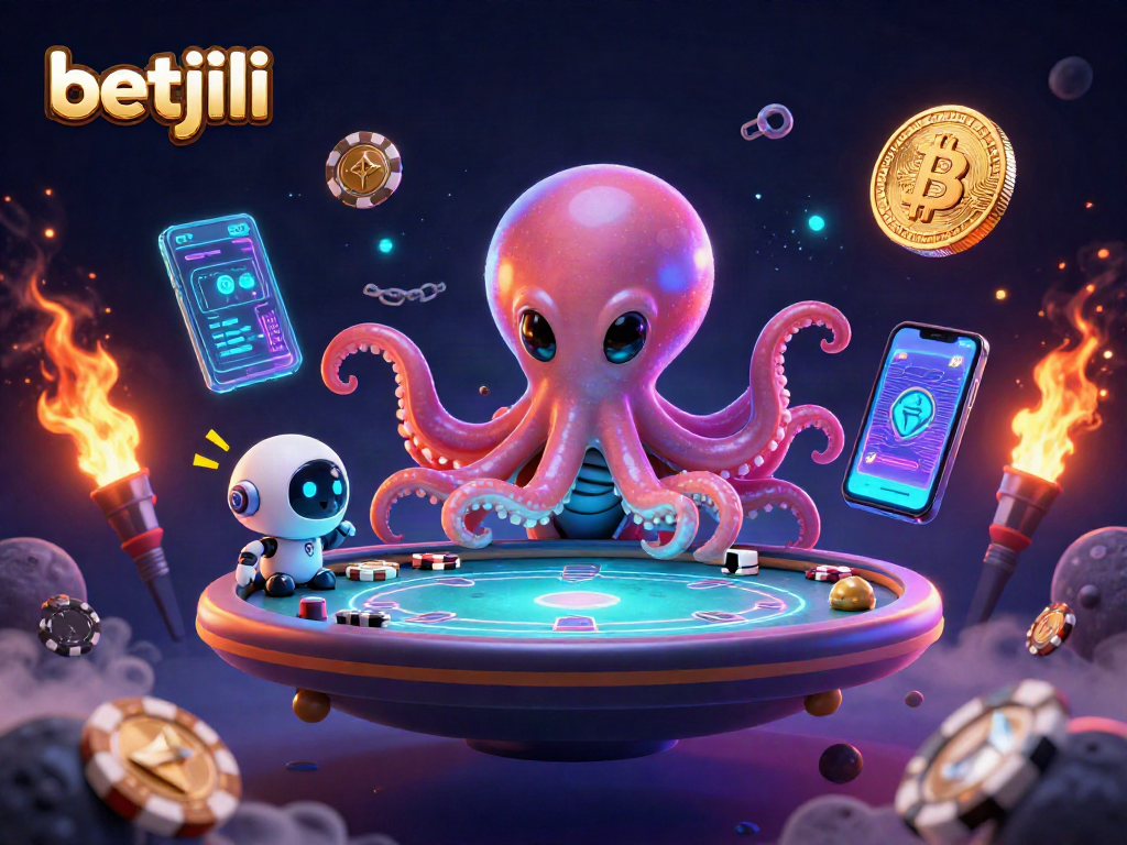 Experience thrilling gameplay at betjili with a dynamic cosmic casino scene featuring an alien octopus and vibrant crypto elements.