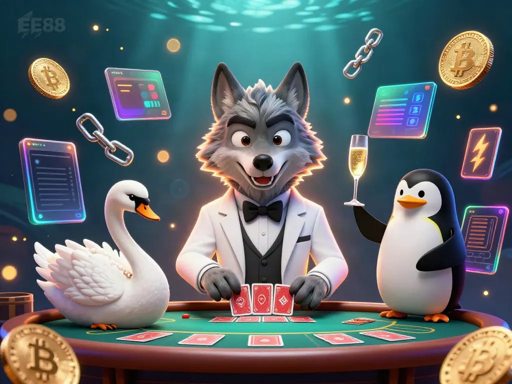 Experience the thrill of EE88 with a luxurious 3D casino scene featuring exotic characters, games, and crypto elements.