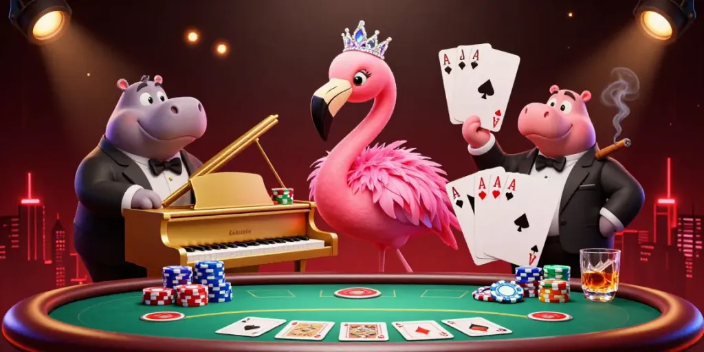 Engage with TR 88 as the vibrant flamingo singer and hippo bassist entertain a lively casino scene.