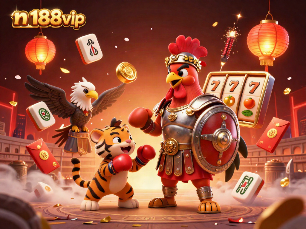 Engage with n188vip as you explore a dynamic 3D casino scene featuring vibrant slot reels and animated symbols.