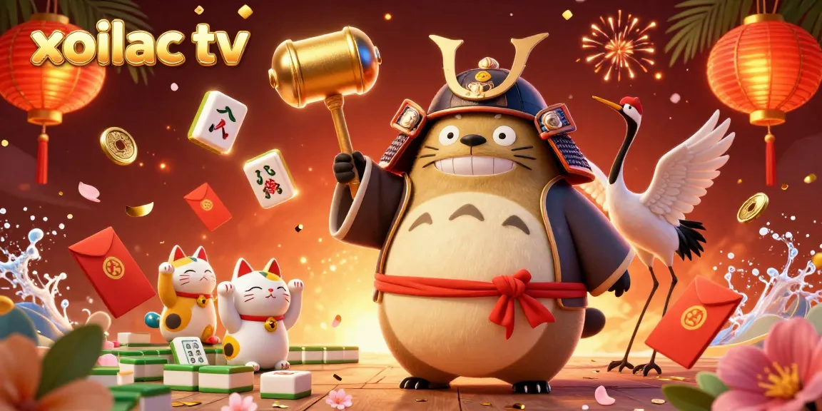 Xoilac TV illustration with cheerful tanuki and maneki-neko, celebrating with gaming elements