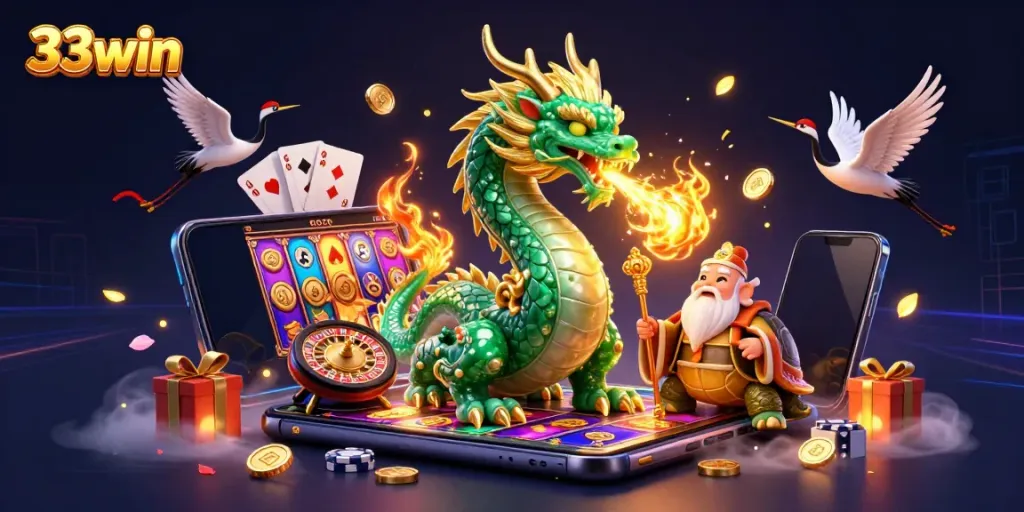 Engage with 33win's thrilling casino experience featuring characters and vibrant gaming elements.