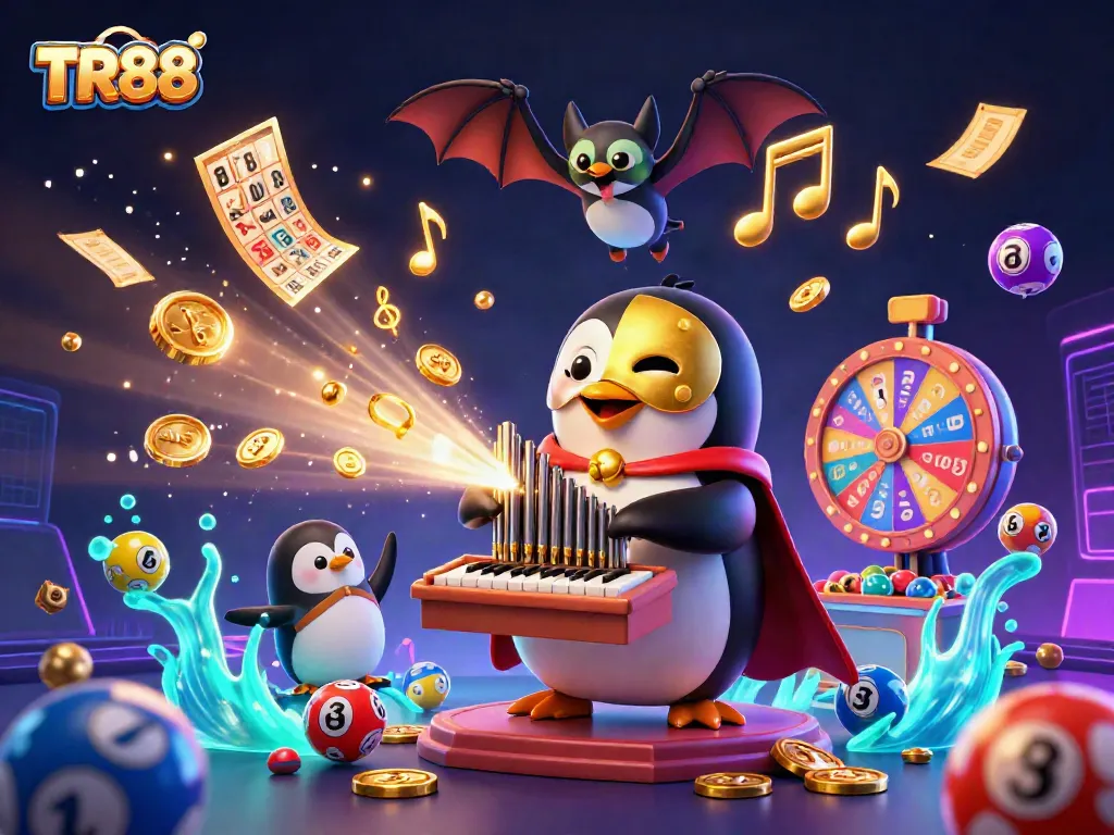 Engage with TR88's thrilling lottery scene as a penguin plays an organ, coins flying everywhere.