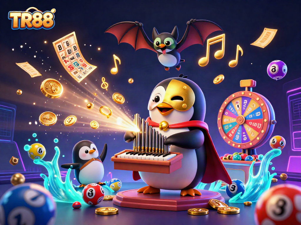Engage with TR88's thrilling lottery scene as a penguin plays an organ, coins flying everywhere.