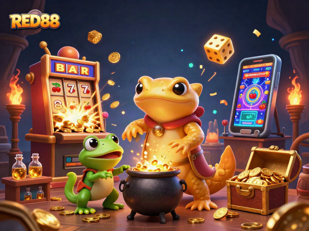 Experience the thrilling excitement of RED88 with a dynamic casino-themed illustration featuring vibrant game elements.