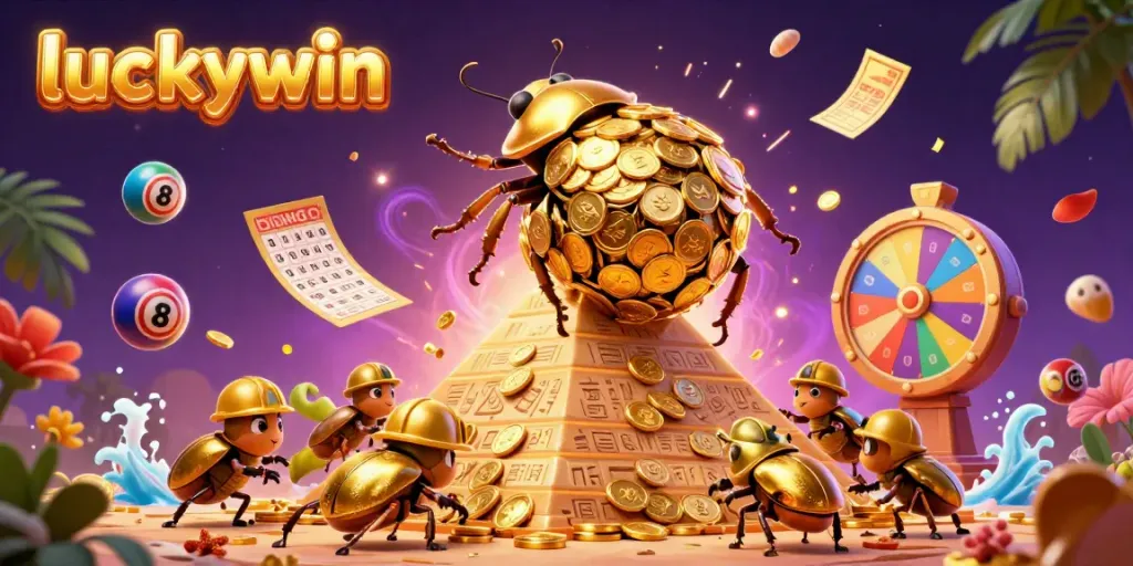 Experience thrilling moments with luckywin as golden beetles celebrate online gaming, surrounded by colorful lottery elements.