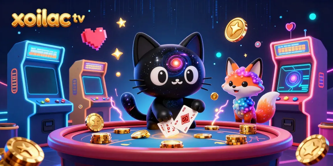 Xoilac TV showcases dynamic gambling action with a cosmic theme featuring a animated black hole cat and colorful nebula fox.