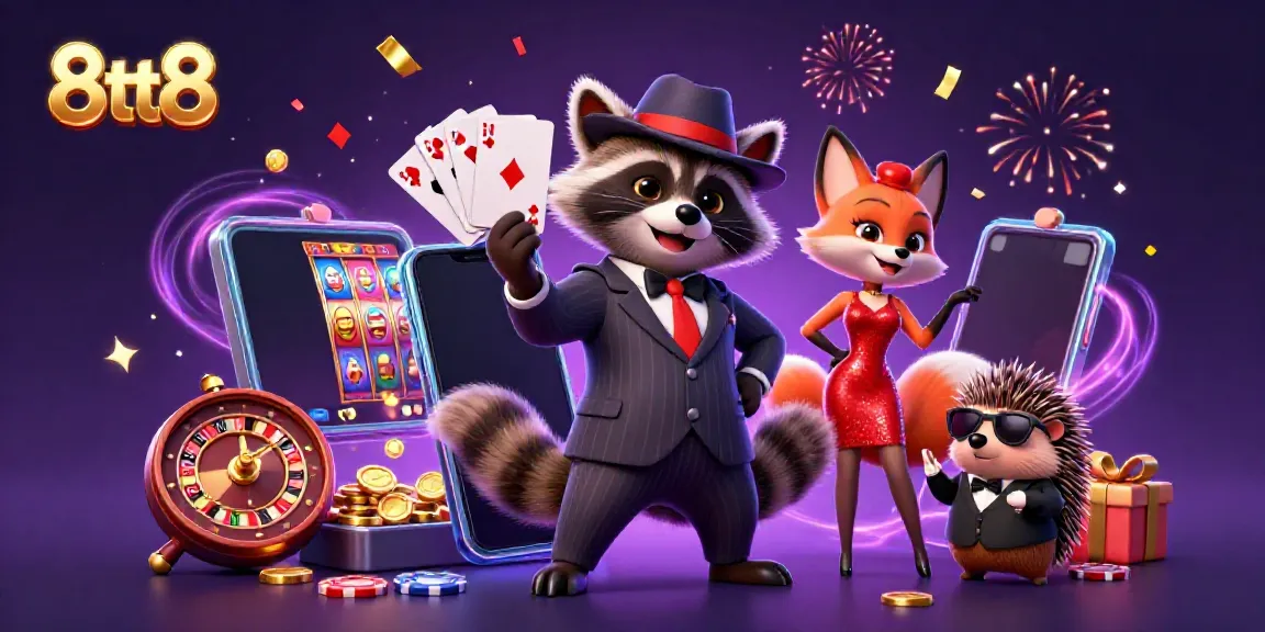 Experience the thrill of 8tt8 gaming with a lively raccoon and fox at a casino scene filled with excitement.