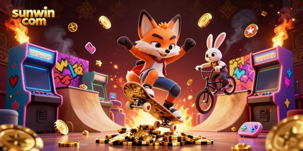Engage with exciting gaming experiences at sunwin com with vibrant 3D illustrations of casino elements and characters.