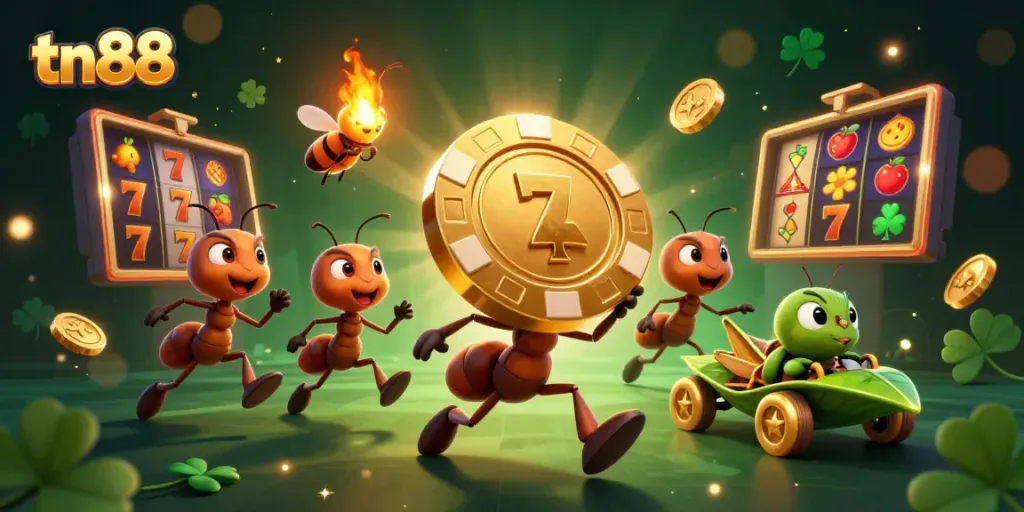 Engage with thrilling tn88 gameplay as cartoon ants steal a giant poker chip in a vibrant casino environment.