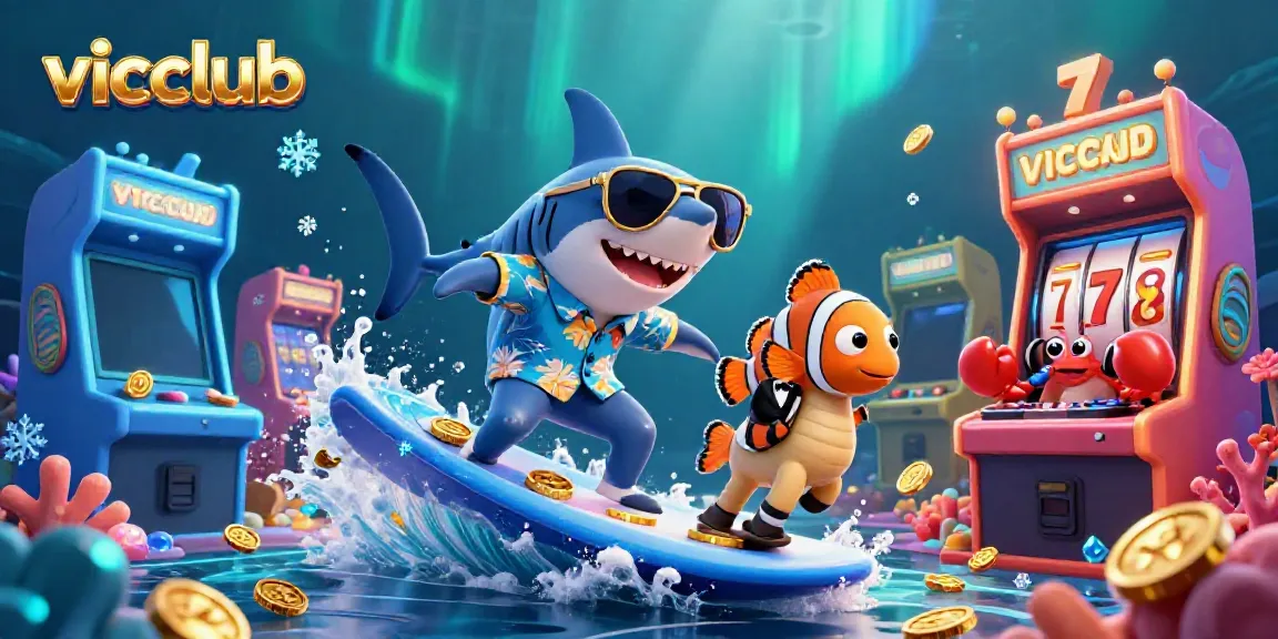 Vicclub gaming scene featuring a shark surfing on gold coins, symbolizing fun and excitement in online gaming.