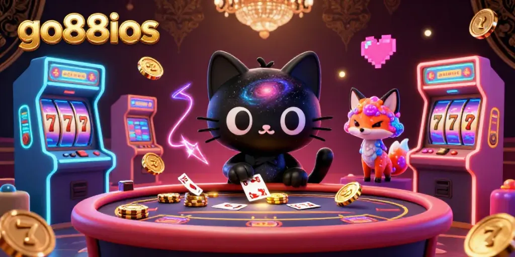 Experience the thrilling world of go88ios as a captivating black hole cat draws in casino chips and cards.
