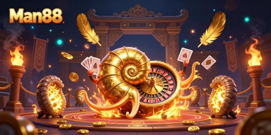 Experience thrilling gaming with Man88, featuring a giant nautilus roulette wheel and glowing ammonite companions.
