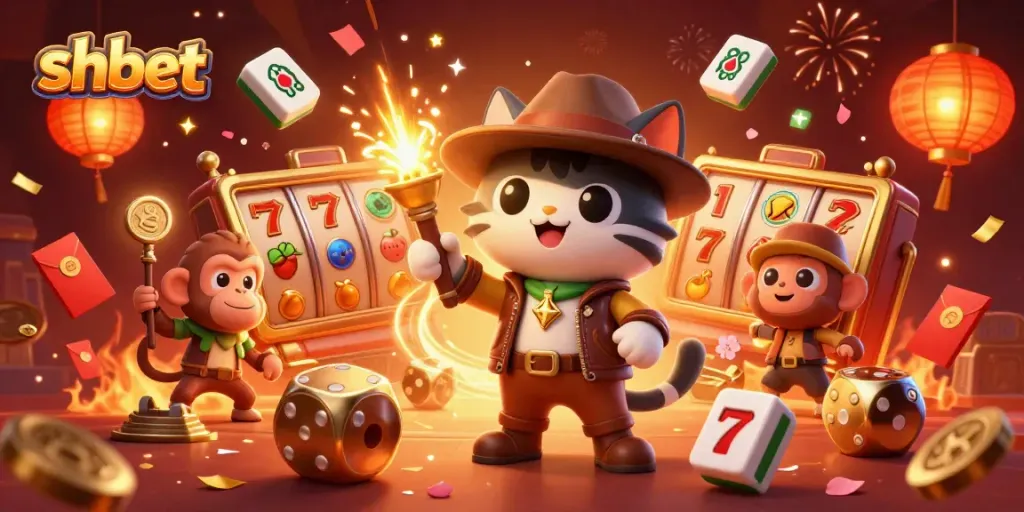 Engage with shbet in this vibrant casino-themed adventure illustration featuring an explorer cat and a monkey.