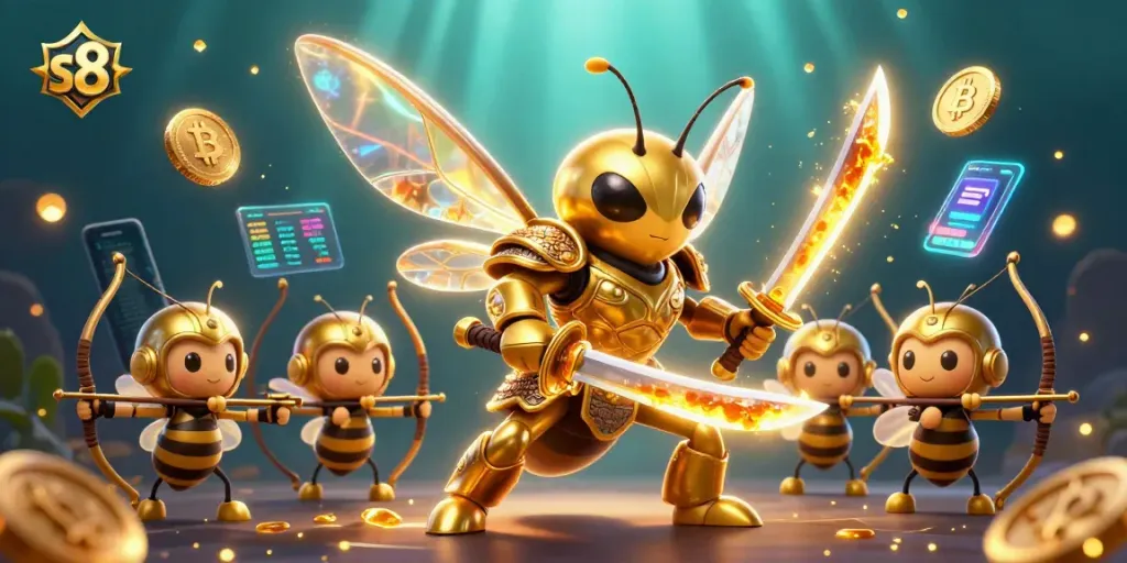 S8 gamblers strategizing in a vibrant 3D casino scene featuring animated characters and crypto elements.