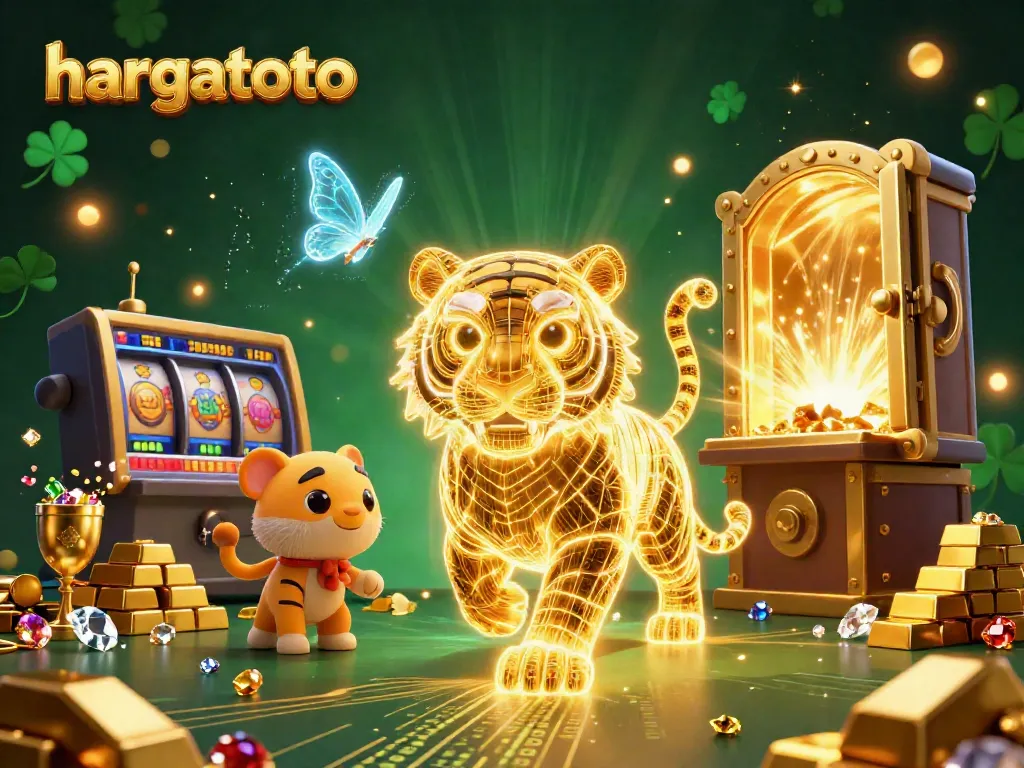 Experience thrilling gameplay at hargatoto with captivating visuals of a neon-wireframe golden tiger in a vibrant casino world.