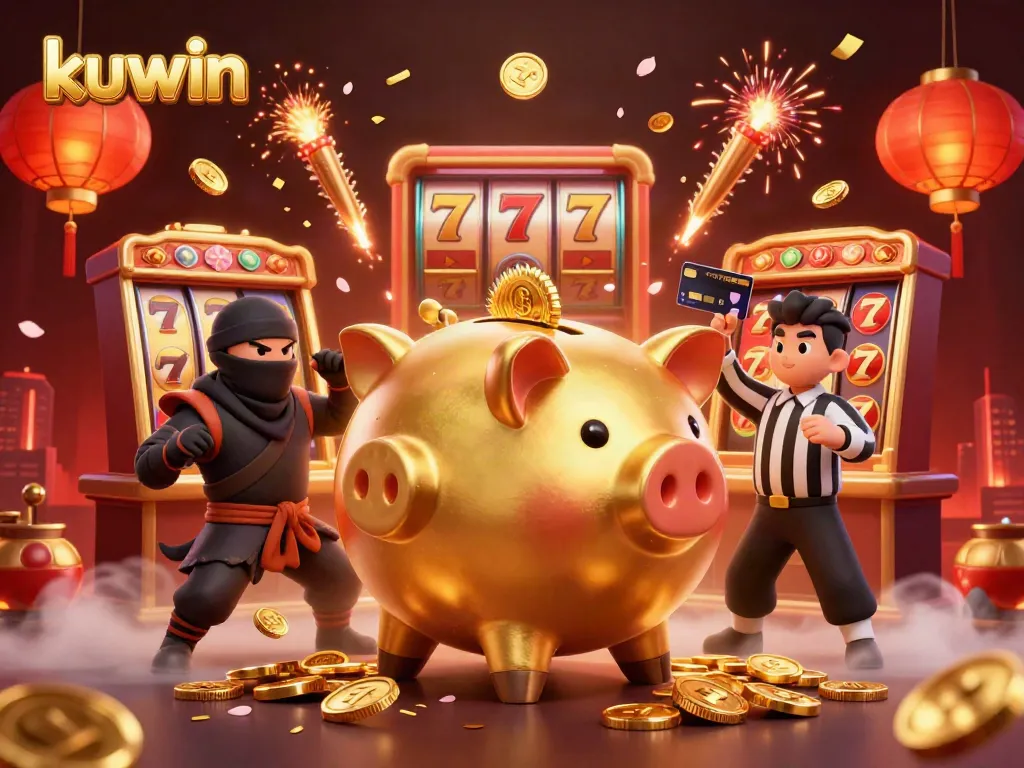 Engage in thrilling kuwin slot victories with golden piggy sumo wrestler and dynamic game elements.