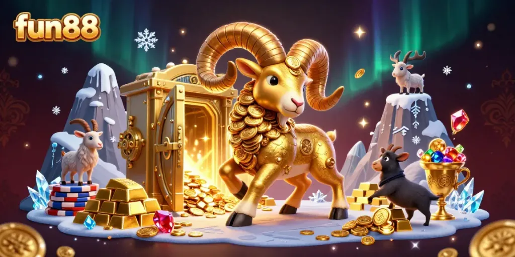 Experience exciting gameplay at fun88 with a golden ram charging through a treasure vault in a vibrant casino scene.