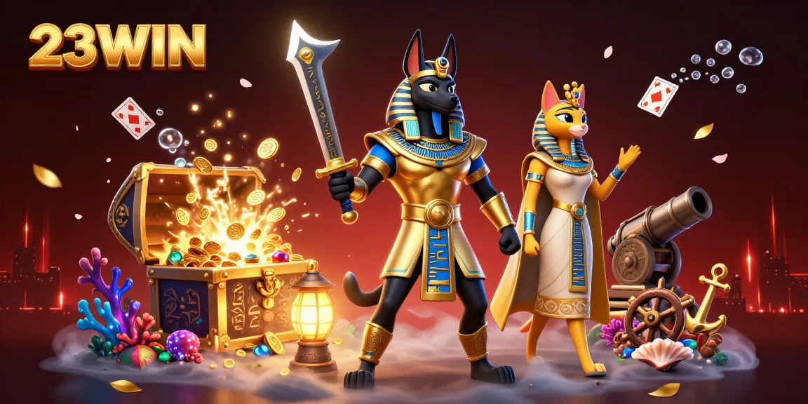 Experience thrilling action at 23WIN casino with Anubis and Bastet amidst treasures and vibrant gaming elements.