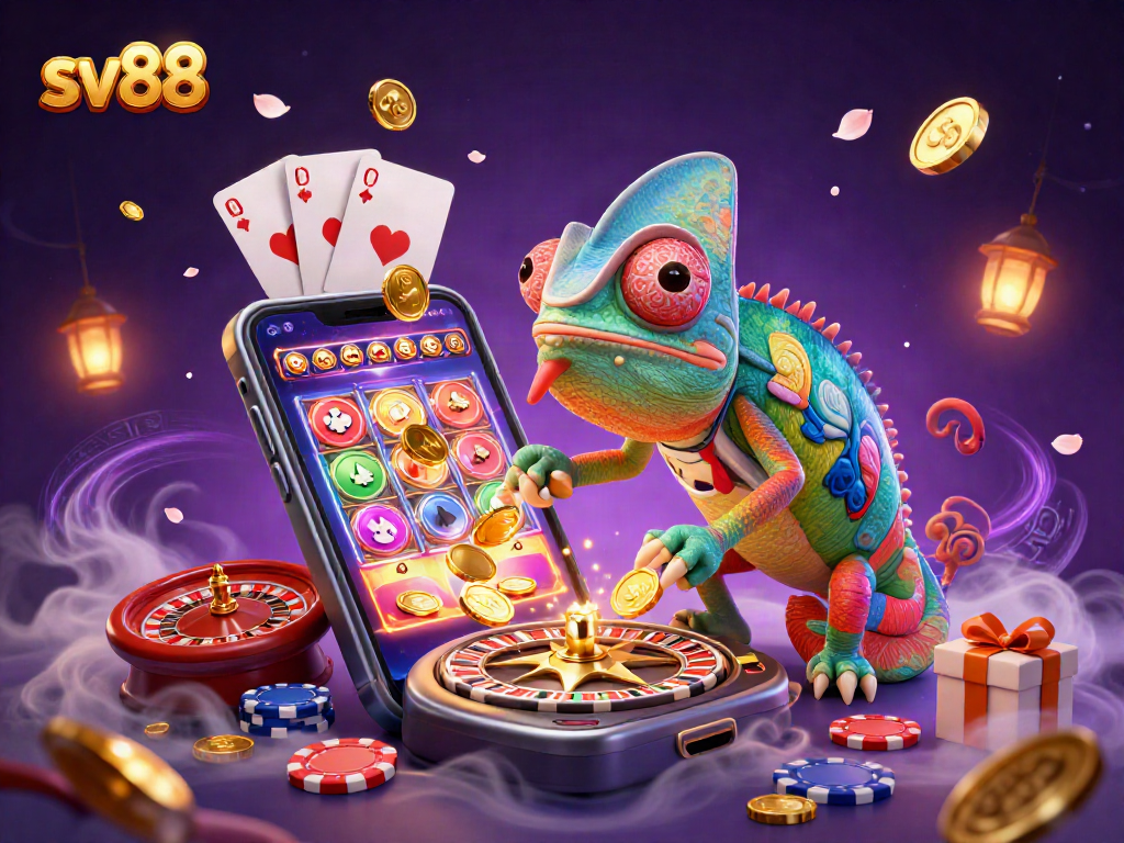 Engage in thrilling casino action with sv88's chameleon owner amidst vibrant slots and poker elements.
