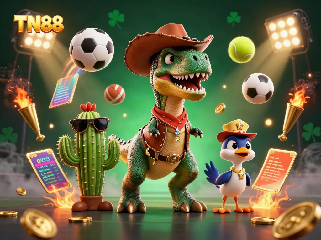 Experience the excitement of TN88 with animated casino elements and vibrant characters in a dynamic scene.