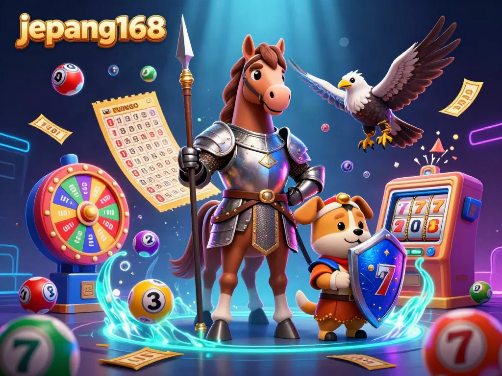 Engage in thrilling gaming with jepang168 as knights, puppies, and a falcon celebrate amidst vibrant lottery elements.