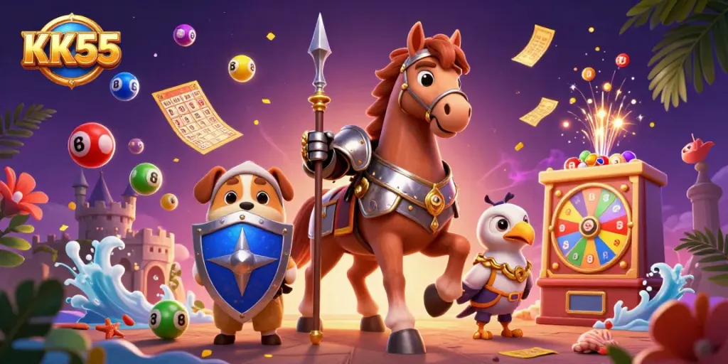Engage with KK55 in a vibrant 3D illustration of dynamic casino games and festive elements.