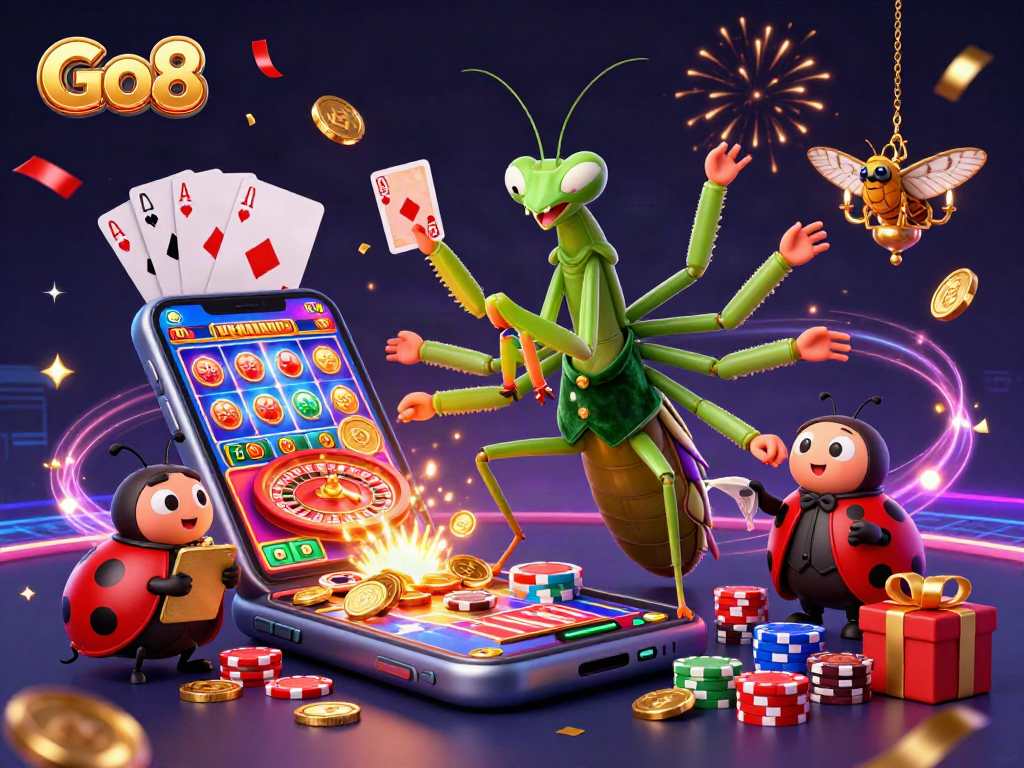 Engage with Go8's thrilling casino experience in a vibrant 3D illustration full of action.