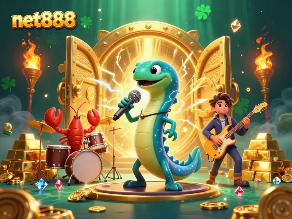 Experience the dynamic world of net888 with an underwater casino showcase featuring a DJ electric eel and vibrant casino elements.