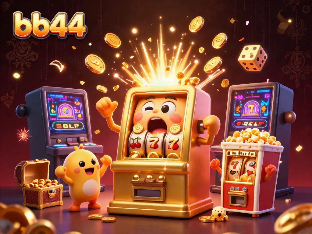 Hit the jackpot with the bb44 golden slot machine surrounded by cheering baby slots and coins raining down