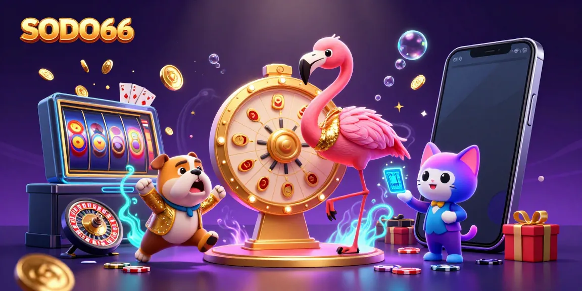 Celebrate wins at SODO66 with a vibrant casino scene featuring lively characters and games.