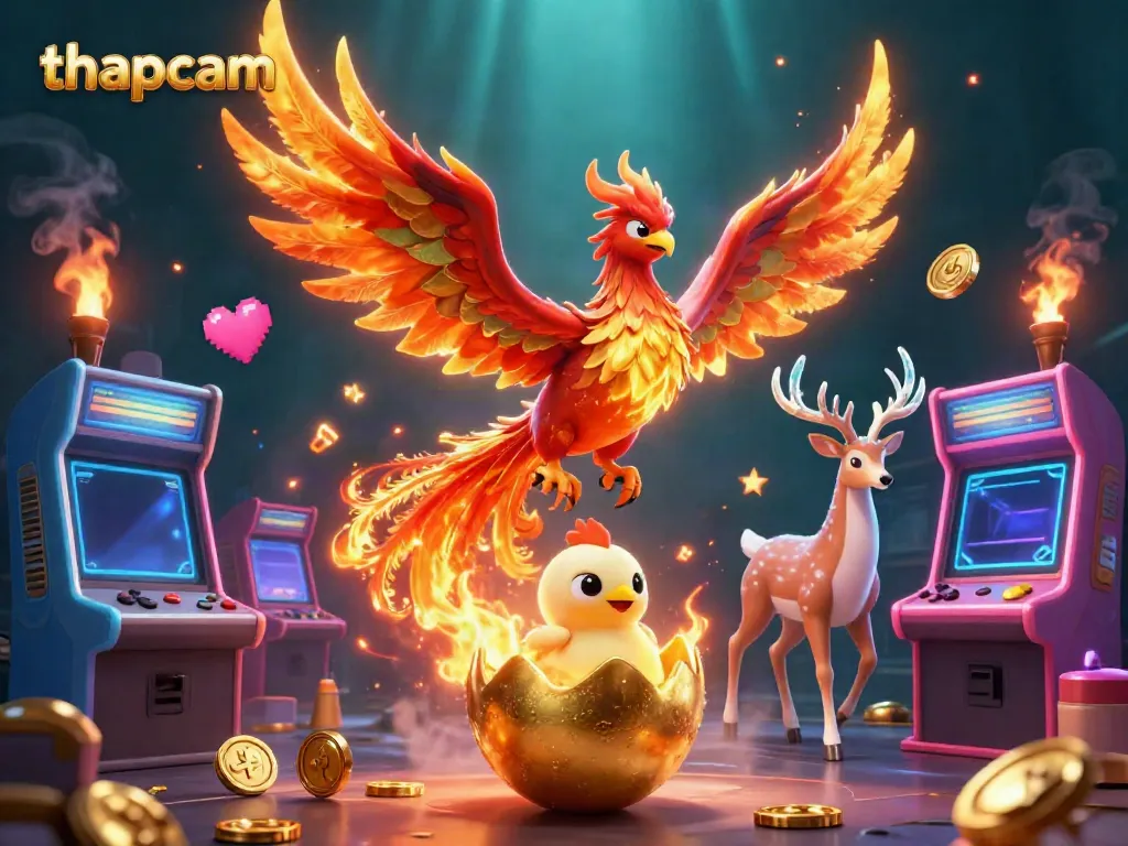 Engage with the thapcam experience through a vibrant, dynamic casino-themed 3D illustration full of action.