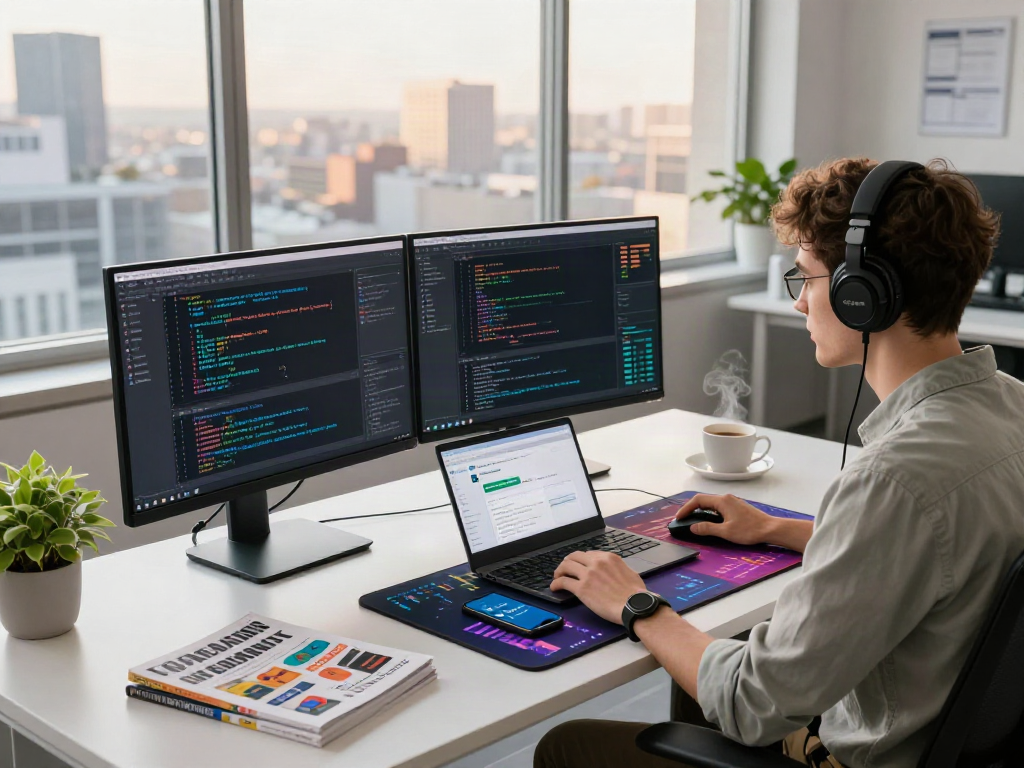 Workspace with developer coding using 18+ ai tools and collaborative tech.
