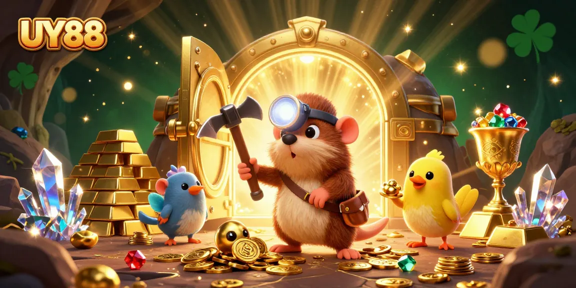 Play games and win at UY88 with a treasure hunter mole and sparkling jewels in a vibrant 3D illustration.